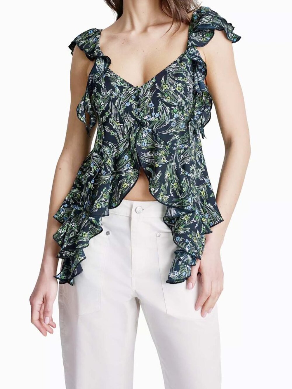 BCBG Women's Floral Print Ruffled V-Neck Top
